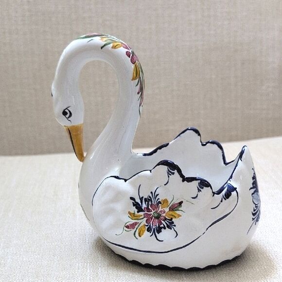 Elegant Hand Painted White Swan Ceramic Art Piece Floral Swan Planter Bowl - Picture 1 of 11